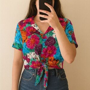 Vintage Colourful Collared Button Up Short Sleeve Blouse Front Tie Grandmacore S